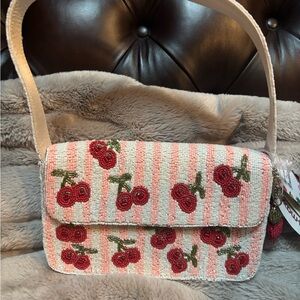 Beaded Cherry Embroidered Shoulder Bag - Pink/White NWT